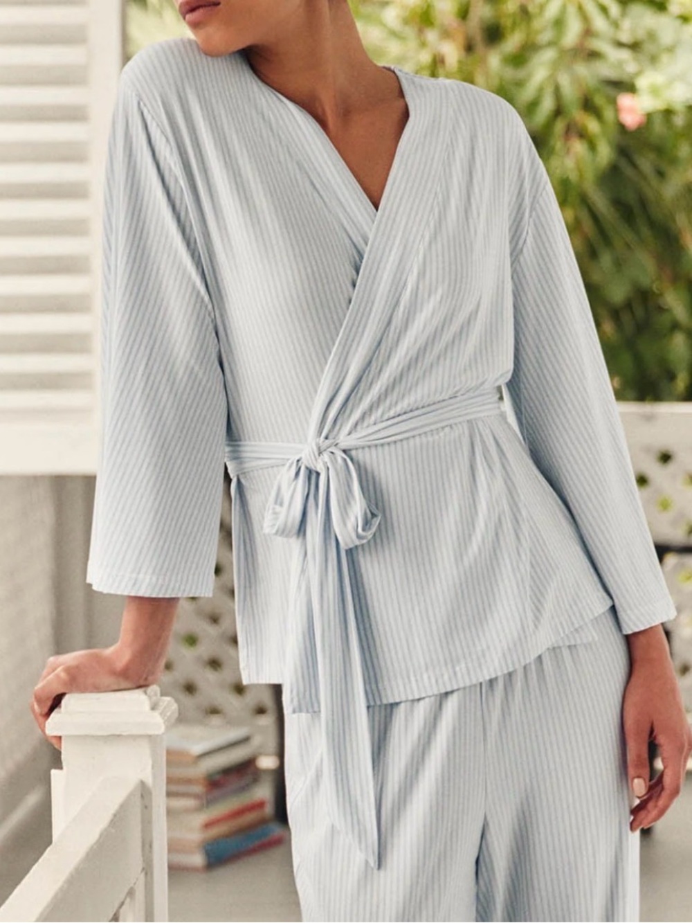 Lake Dream Modal Kimono Long Sleeve Belted White Blue Womens Size XL Resortwear